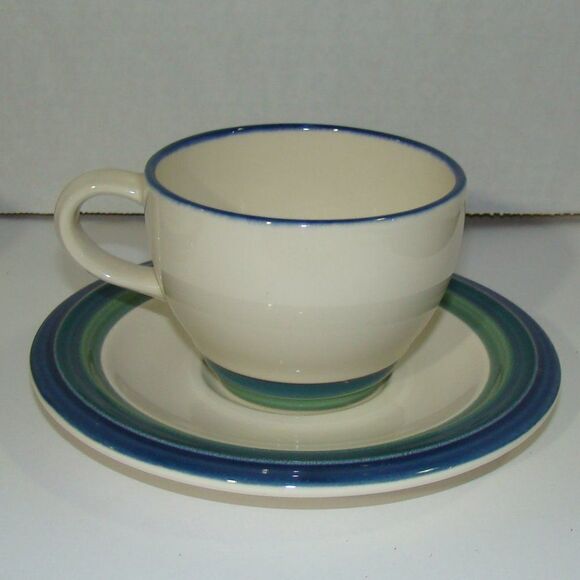 4 Sets Pfaltzgraff Stoneware Ocean Breeze Flat Cup & Saucer - Picture 1 of 8